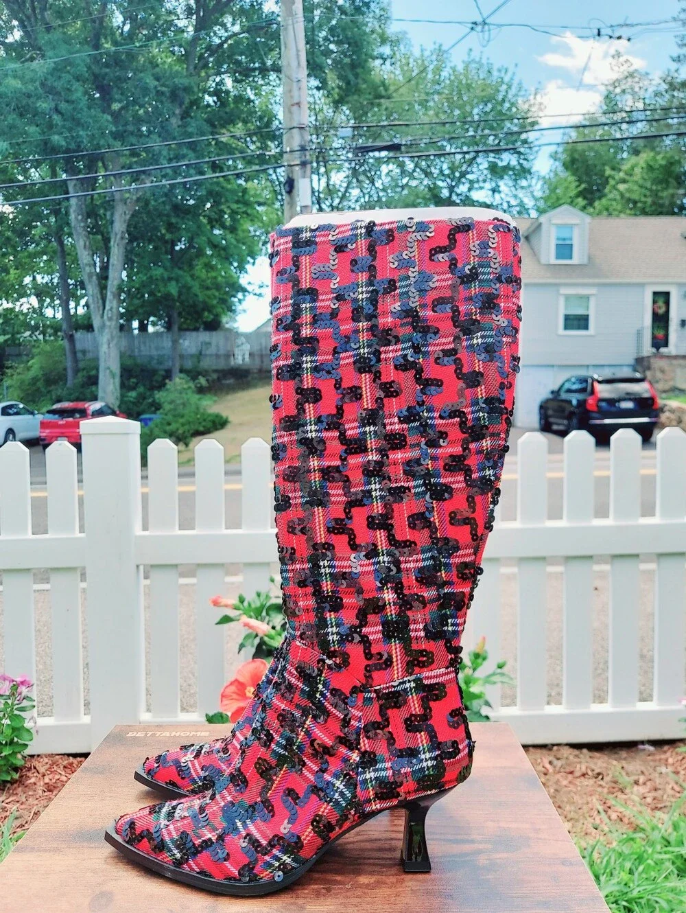 Betsey Johnson Pamella Red & Black Plaid Mid Calf Heeled Boots Womens Size 6 NWT